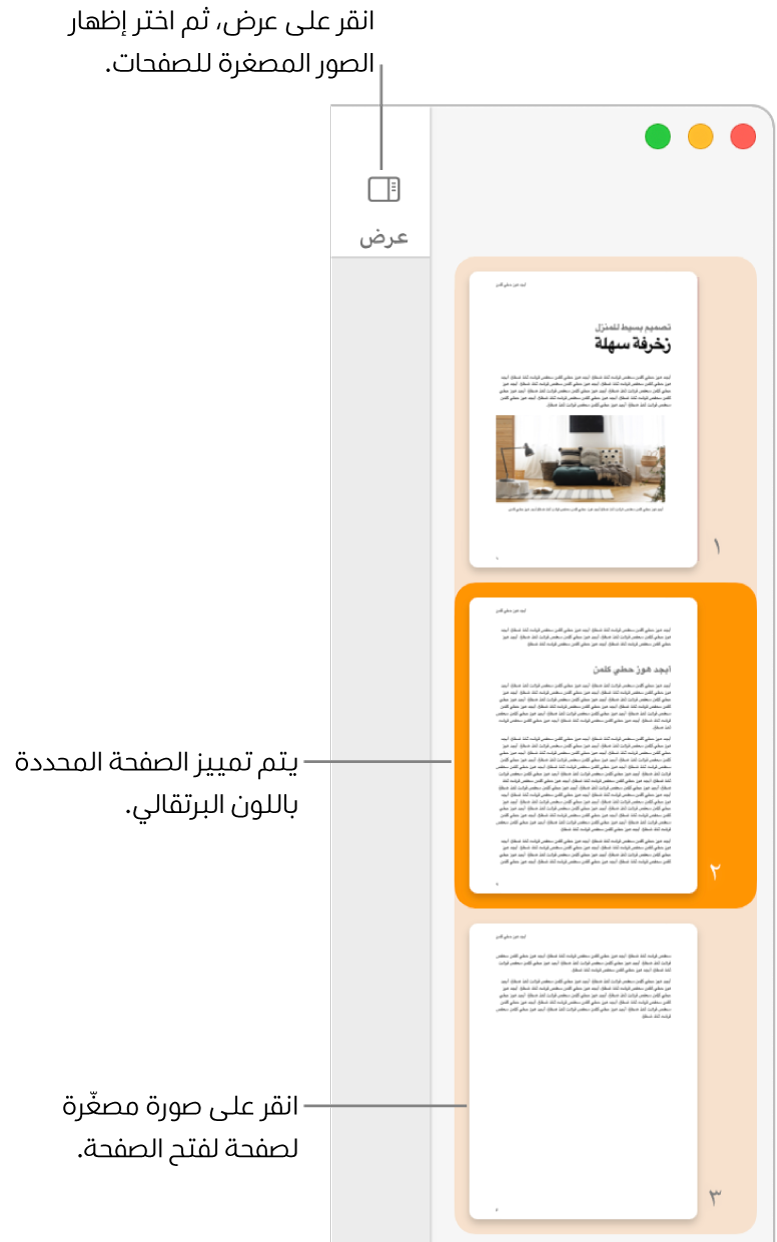 الشريط الجانبي على الجانب الأيمن من نافذة Pages وبه عرض الصور المصغرة للصفحات مفتوح مع صفحة محددة مميزة باللون البرتقالي الداكن.