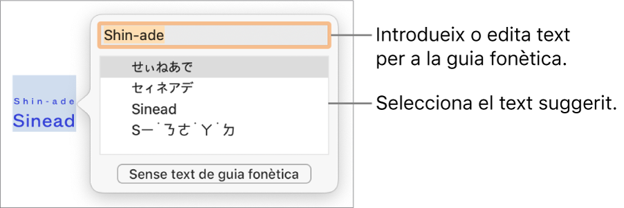 La guia fonètica, oberta per a una paraula, amb llegendes per al camp de text i el text suggerit.