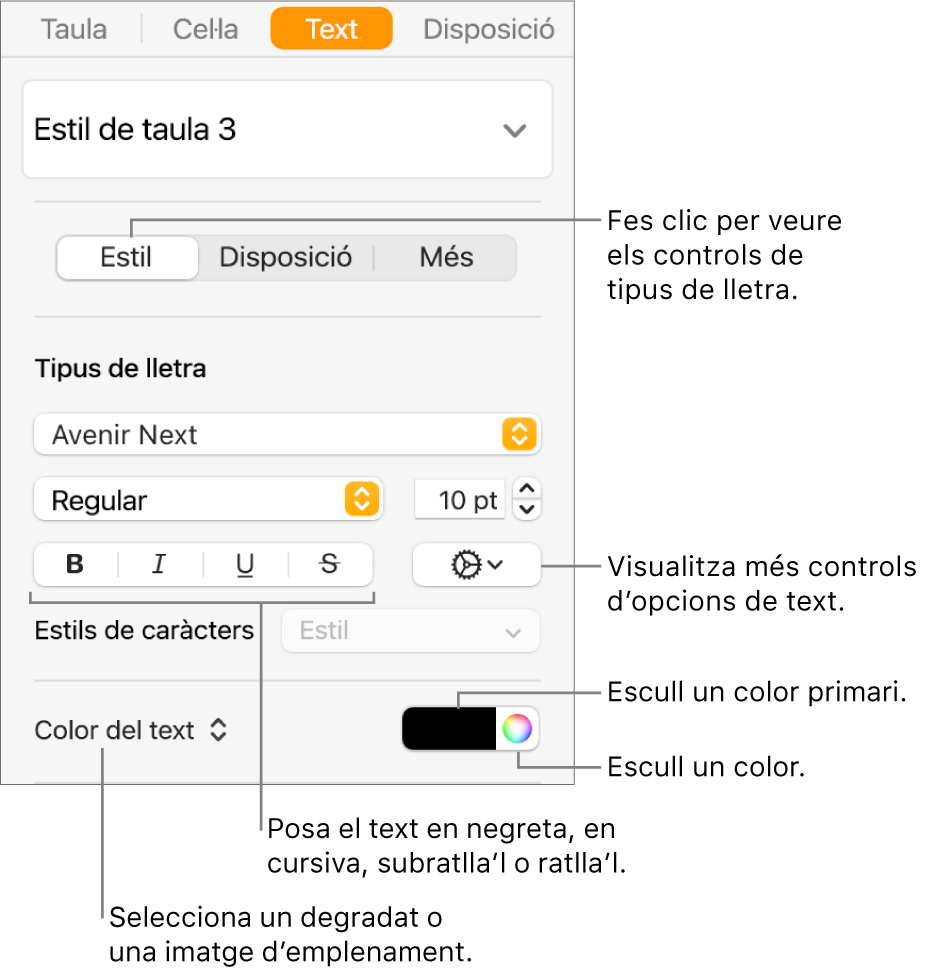 Els controls per aplicar un estil al text d’una taula.