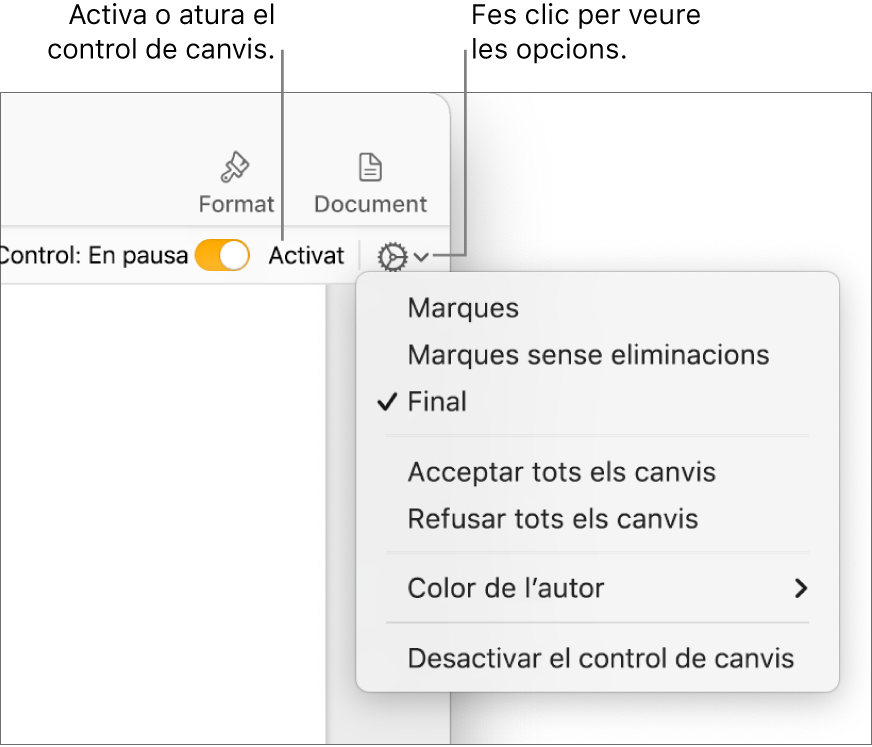 El menú d’opcions del control de canvis, que mostra l’opció “Desactivar el control” a la part inferior i les llegendes de l’opció “Control de canvis activat” i del botó “En pausa”.