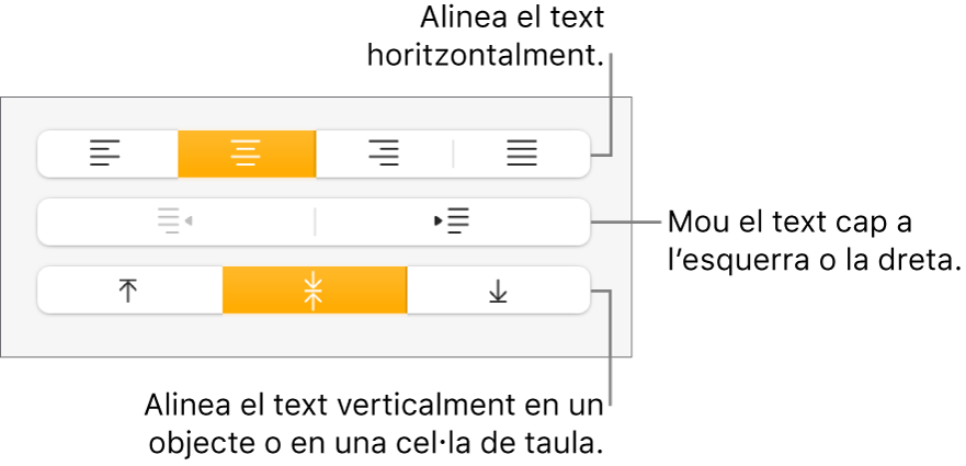 La secció Alineació de l’inspector de format, amb botons per alinear el text horitzontalment i verticalment i botons per moure’l cap a l’esquerra o cap a la dreta.