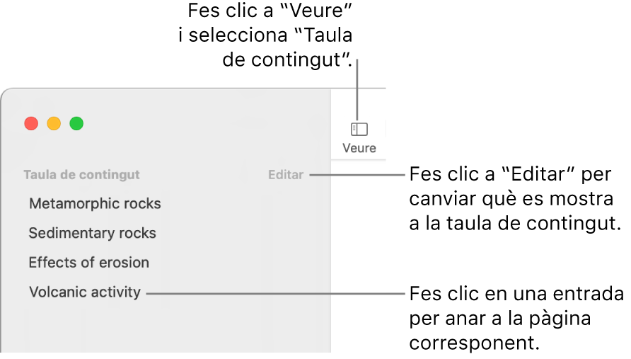 La taula de contingut del costat esquerre de la finestra del Pages amb el botó Editar a l’angle superior dret de la barra lateral i les entrades de la taula de contingut en una llista.