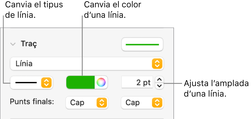 Els controls de traç per ajustar els punts finals, el gruix de la línia i el color.