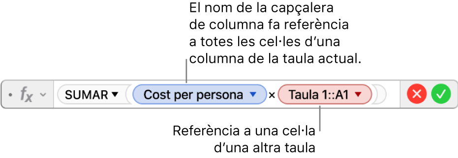 L’editor de fórmules, que mostra una fórmula que fa referència a una columna d’una taula i a una cel·la d’una altra taula.
