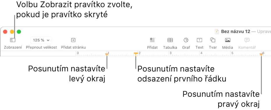 Pravítko s ovládacím prvkem pro levý okraj a ovládacím prvkem pro odsazení prvního řádku