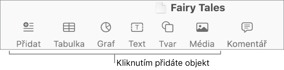 Panel nástrojů s tlačítky pro přidání tabulek, grafů, textu, tvarů nebo médií