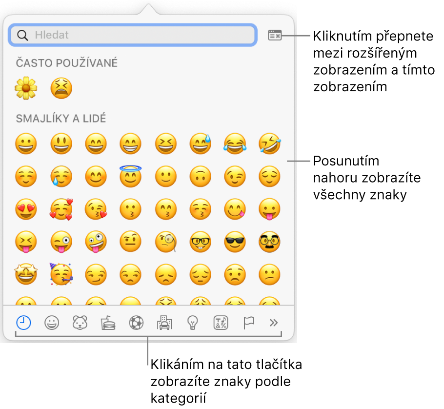 Okno Speciální znaky, obsahující emotikony, tlačítka pro různé typy symbolů u dolního okraje a také popisek tlačítka pro zobrazení okna Znaky v plné velikosti