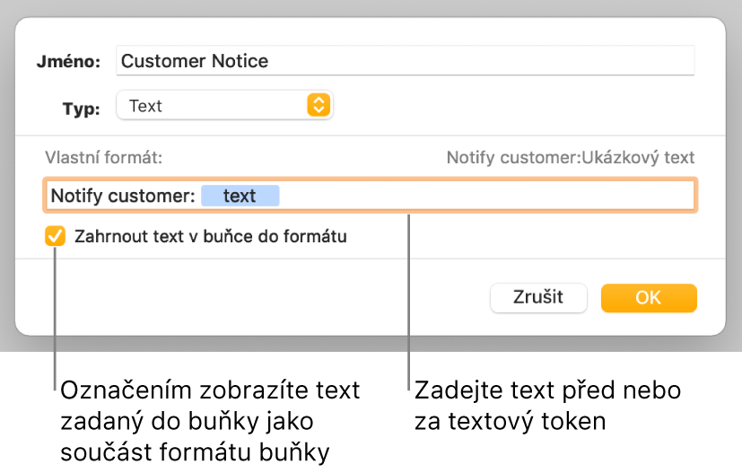 Okno vlastního formátu buněk s ovládacími prvky pro výběr vlastního formátu textu