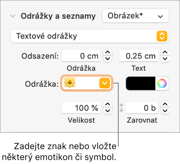 Oddíl Odrážky a seznamy na bočním panelu Formát. V poli Odrážka je vidět emotikon květiny