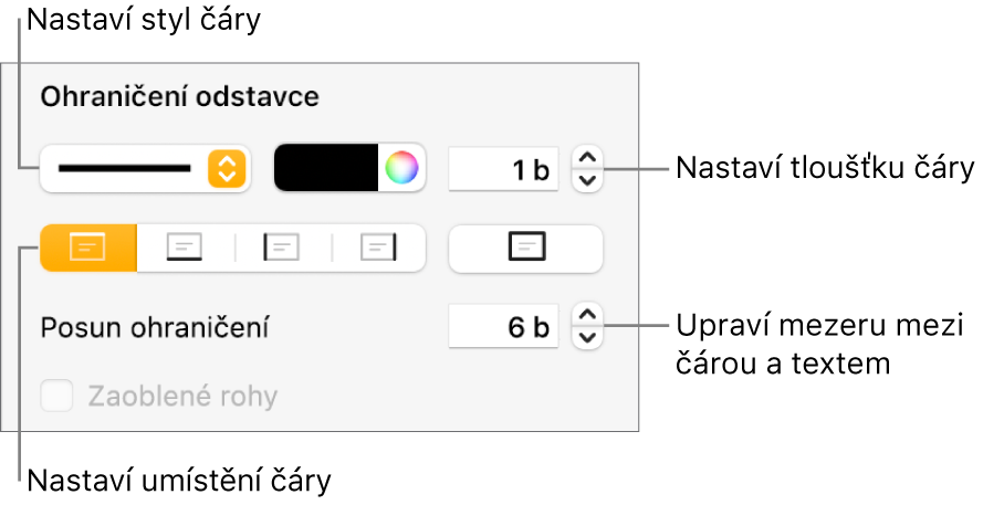 Ovládací prvky pro změnu stylu čáry, její tloušťky, umístění a barvy