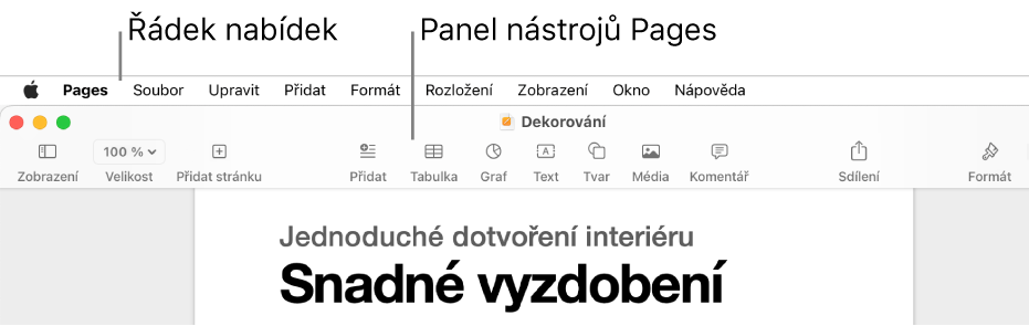 Řádek nabídek u horního okraje obrazovky s nabídkami Apple, Pages, Soubor, Upravit, Přidat, Formát, Rozložení, Zobrazení, Okno a Nápověda. Pod řádkem nabídek je otevřený dokument Pages, v horní části je panel nástrojů s tlačítky Zobrazení, Velikost, Přidat stránku, Přidat, Tabulka, Graf, Text, Tvar, Média, Komentář, Sdílet a Formát.