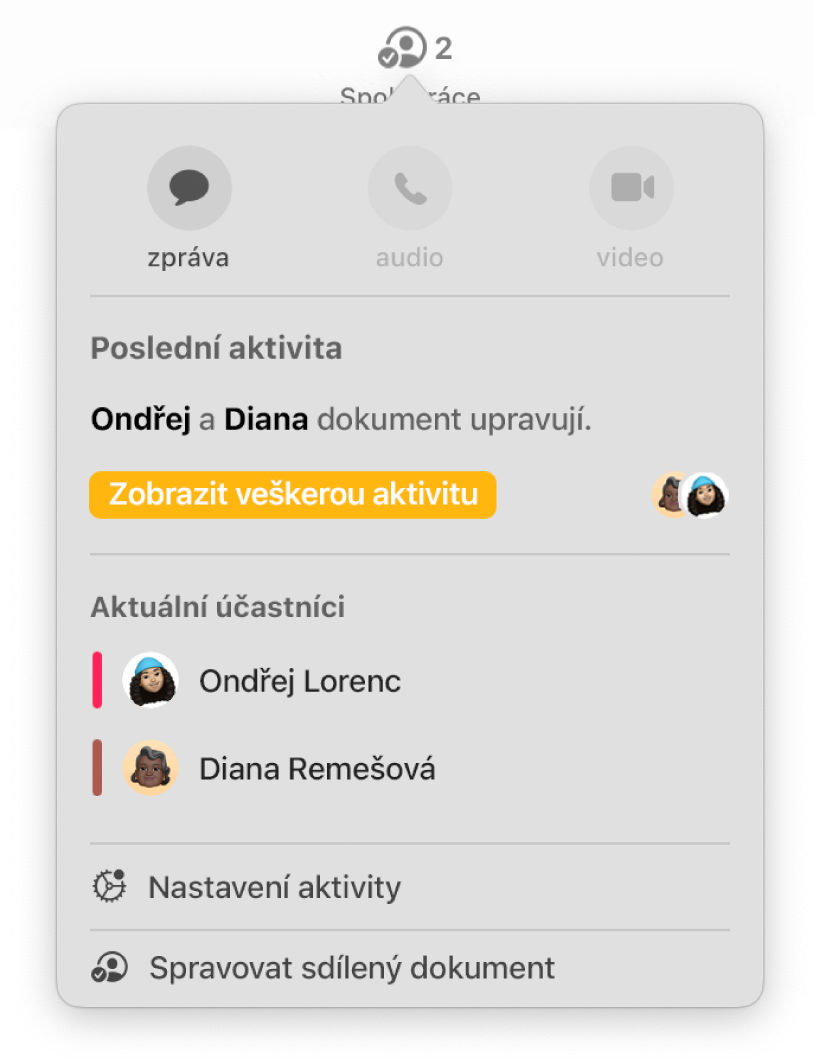 Nabídka spolupráce se zobrazenými jmény uživatelů, kteří na dokumentu spolupracují;
