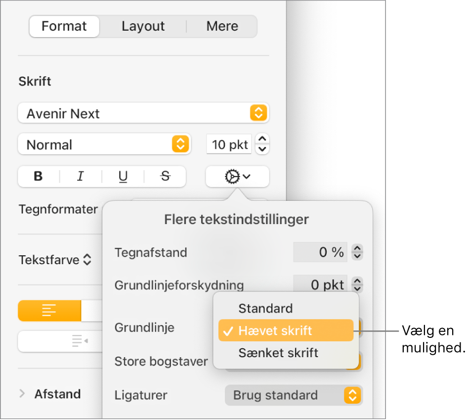 Menuen Avancerede indstillinger med lokalmenuen Grundlinje er åben og viser menupunkterne Standard, Hævet skrift og Sænket skrift.