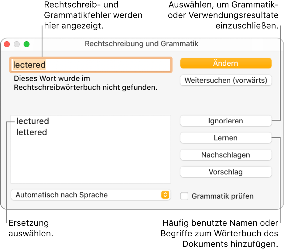 Das Fenster „Rechtschreibung und Grammatik“