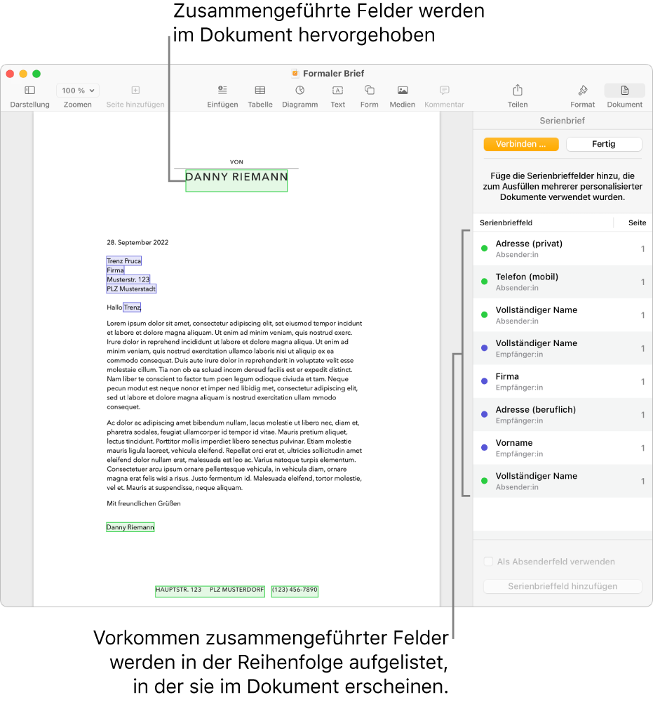 Pages-Dokument mit Serienbrieffeldern für Absender und Empfänger sowie der Liste der Serienbrieffeld-Instanzen in der Seitenleiste „Dokument“.