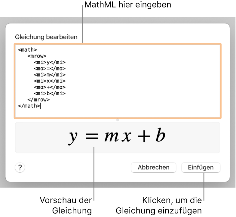 Die Gleichung für die Steigung einer Linie im Feld „Gleichung bearbeiten“ und einer Vorschau der Formel darunter.