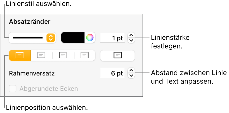 Steuerelemente, um Stil, Stärke, Position und Farbe der Linie zu ändern.