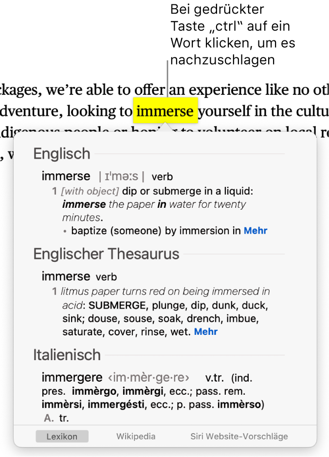 Ein Absatz, in dem ein Wort hervorgehoben ist. Ein Fenster zeigt die Definition des Wortes und einen Thesaurus-Eintrag. Tasten unten im Fenster stellen Links zum Lexikon, zu Wikipedia und von Siri vorgeschlagenen Websites bereit.