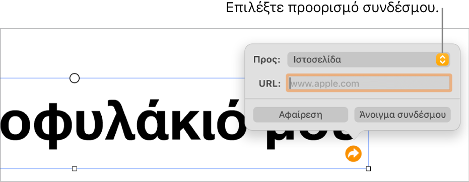 Τα στοιχεία ελέγχου του επεξεργαστή συνδέσμων με επιλεγμένη την «Ιστοσελίδα», και τα κουμπιά «Αφαίρεση» και «Άνοιγμα συνδέσμου» στο κάτω μέρος.