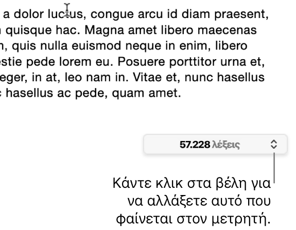 Το μενού καταμέτρησης λέξεων που δείχνει τον αριθμό λέξεων στο έγγραφο.