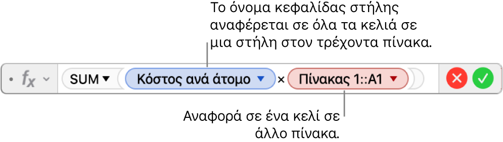 Ο επεξεργαστής τύπων εμφανίζει έναν τύπο που αναφέρεται σε μια στήλη σε έναν πίνακα και ένα κελί σε άλλο πίνακα.