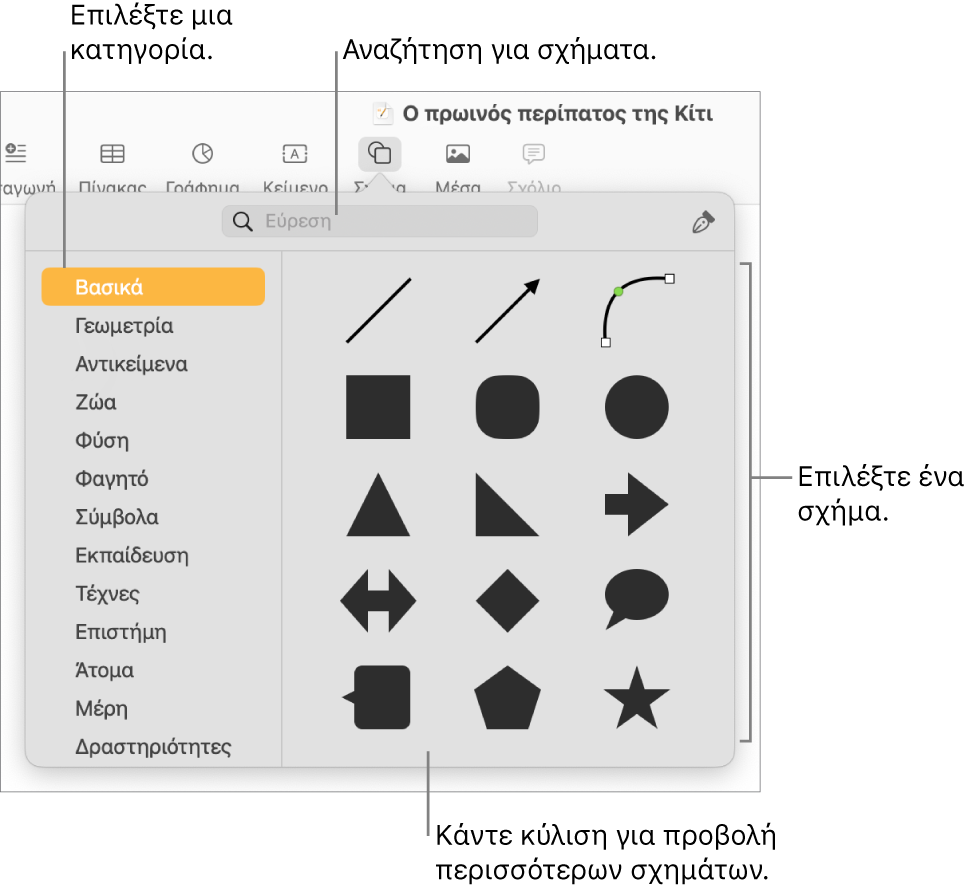 Η βιβλιοθήκη σχημάτων, με τις κατηγορίες να παρατίθενται στα αριστερά και τα σχήματα να εμφανίζονται στα δεξιά. Μπορείτε να χρησιμοποιήσετε το πεδίο αναζήτησης στο πάνω μέρος για να βρείτε σχήματα και κάντε κύλιση για να δείτε περισσότερα.