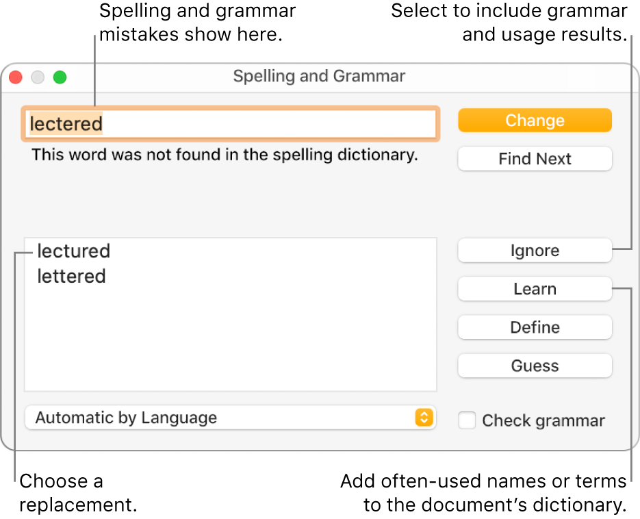The Spelling and Grammar window.