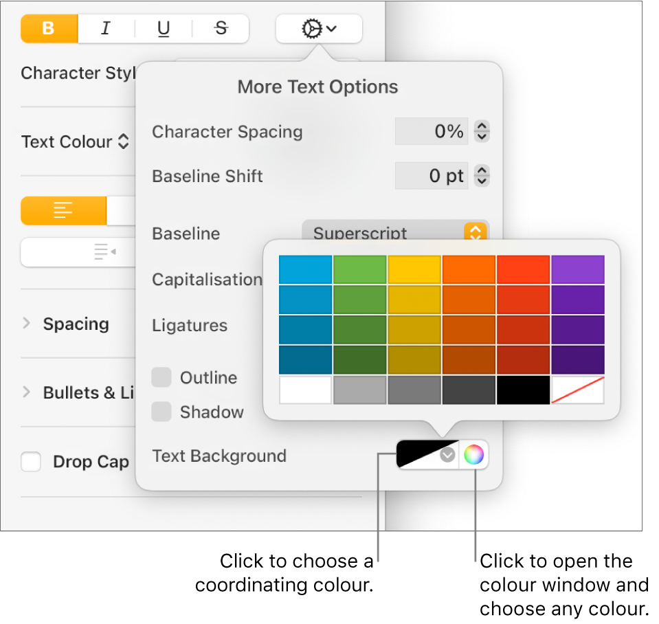 Controls for choosing a background colour for text.