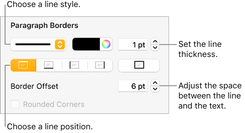 Controls to change the line style, thickness, position and colour.