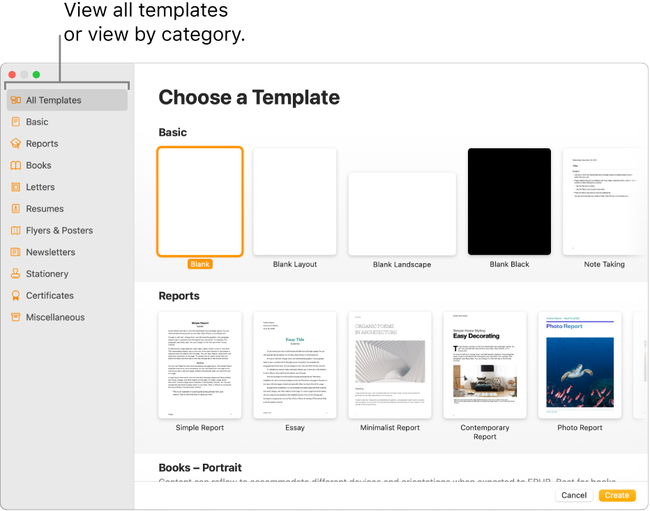 The template chooser. A sidebar on the left lists template categories you can click to filter options. On the right are thumbnails of predesigned templates arranged in rows by category, starting with Basic at the top and followed by Reports and Books—Portrait. The Language and Region pop-up menu is in the bottom-left corner, and Cancel and Create buttons are in the bottom-right corner.