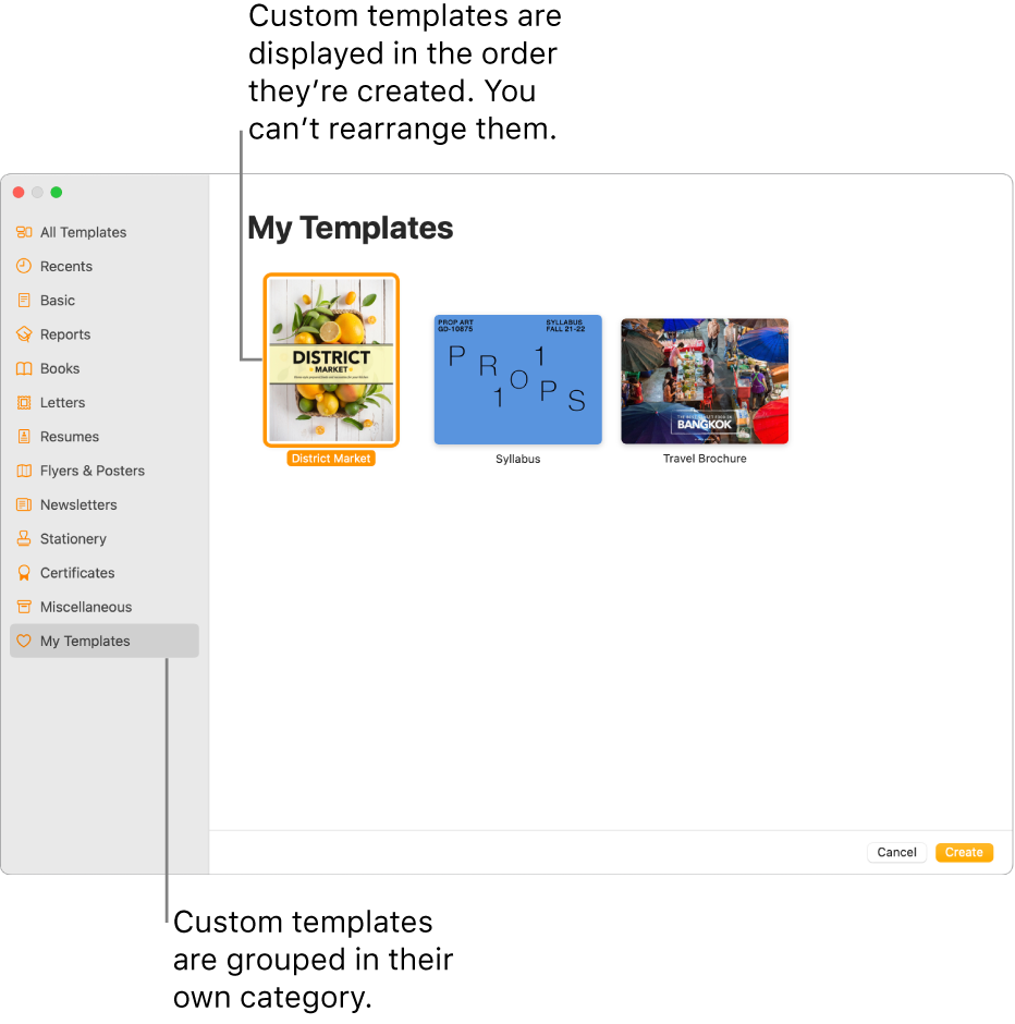 The template chooser with My Templates as the last category on the left. Custom templates are displayed in the order they’re created and can’t be rearranged.