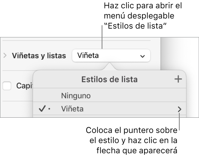 El menú Estilos de lista con un estilo seleccionado y una flecha en el extremo derecho.