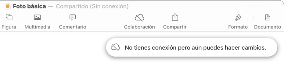 Los botones en la parte superior de la pantalla, donde el botón Colaboración cambió a una nube con una línea diagonal que la atraviesa. Una alerta en la pantalla muestra el mensaje: No tienes conexión pero aún puedes hacer cambios.