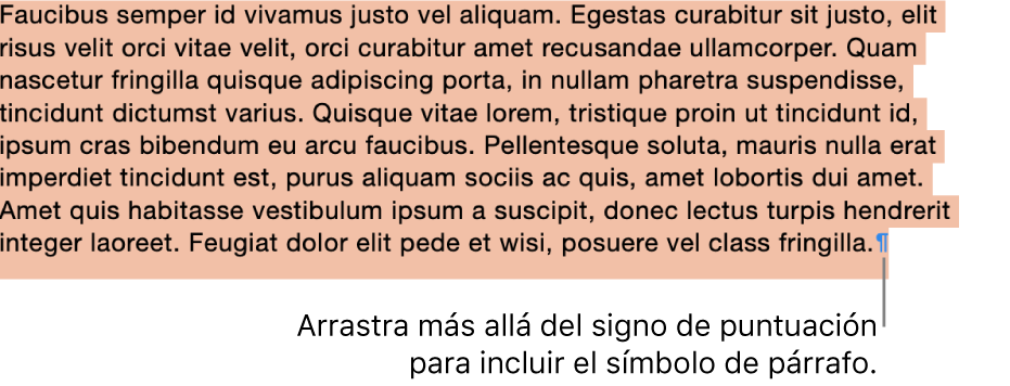 Un párrafo que se seleccionó, con el símbolo del párrafo incluido en la selección.