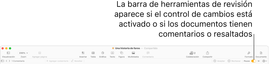 La barra de herramientas de Pages con el control de cambios activado y la barra de herramientas de revisión debajo de la barra de herramientas de Pages.