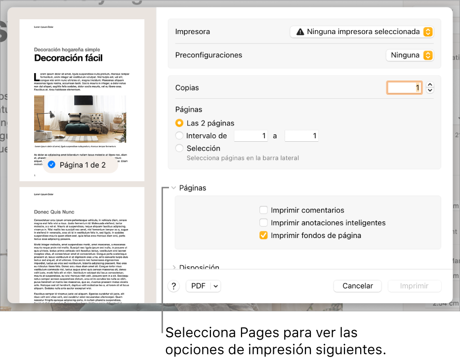 Diálogo de impresión con controles para la impresora, ajustes predeterminados, copias y rango de páginas. Se selecciona la opción Páginas en el menú desplegable debajo de la configuración del rango de páginas, seguido de las casillas para imprimir comentarios, imprimir anotaciones inteligentes e imprimir fondos de página.