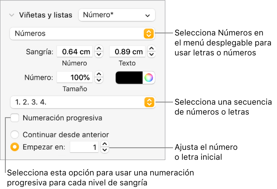 Controles para cambiar el estilo de numeración y el espaciado de una lista.