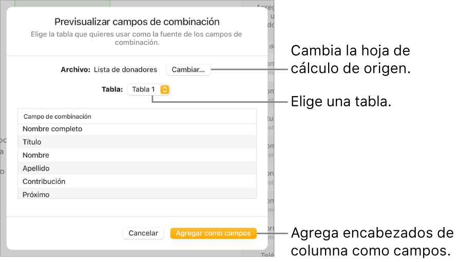 Panel Previsualizar campos de combinación abierto, con opciones para cambiar el archivo o tabla de origen, previsualizar los nombres de campos de combinación, o agregar los encabezados de las columnas como campos.