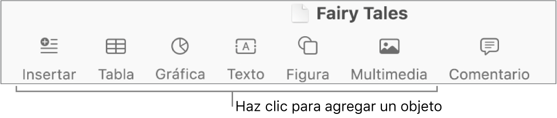 La barra de herramientas con botones para agregar tablas, gráficas, texto, figuras y contenidos.