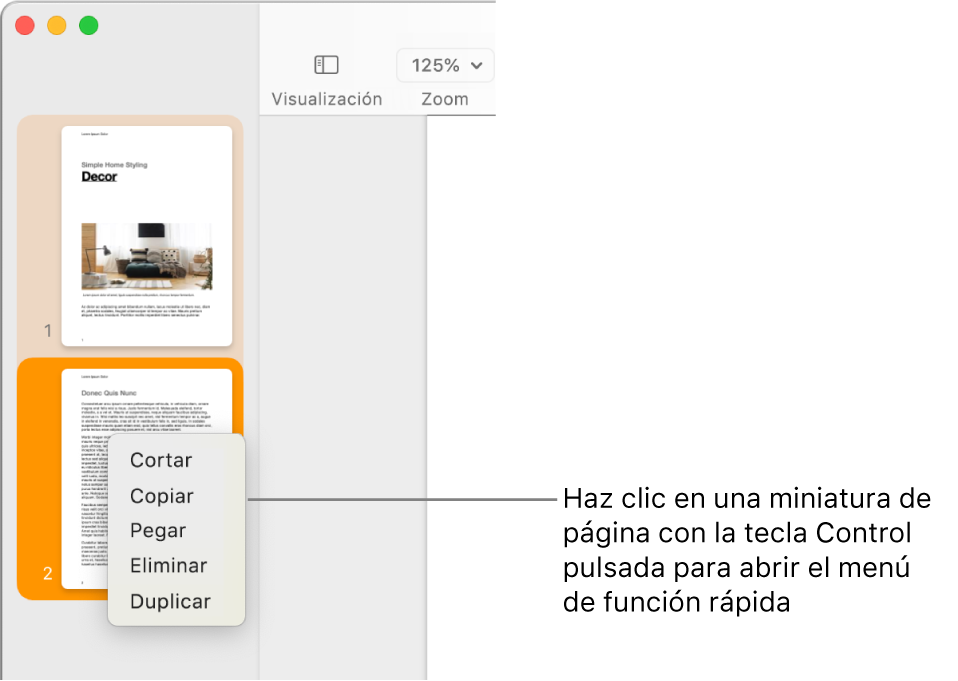 Vista de miniaturas de página con una miniatura seleccionada y el menú de función rápida abierto.