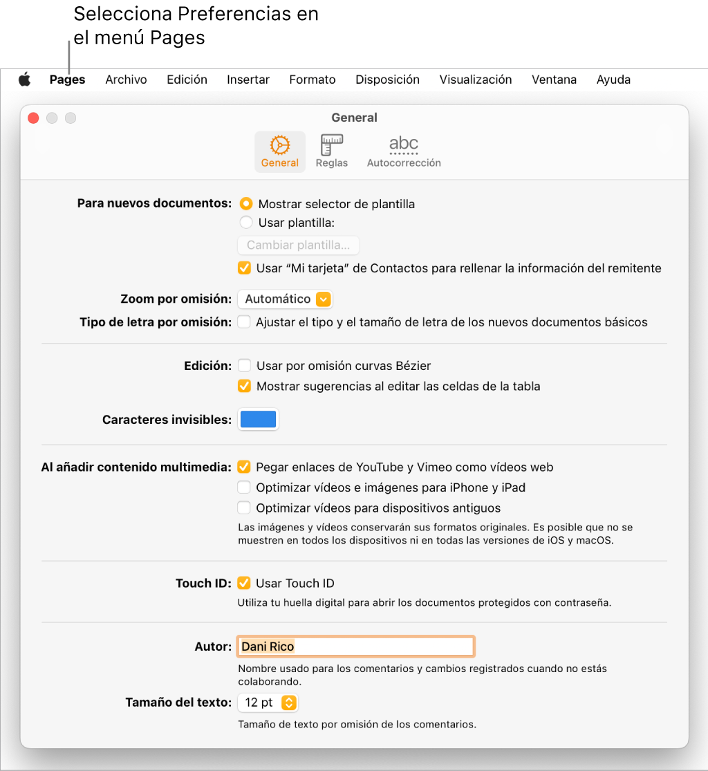 La ventana de ajustes de Pages abierta en el panel General, con los ajustes para los nuevos documentos, el zoom y el tipo de letra por omisión, la edición, las ecuaciones, los caracteres invisibles, la adición de contenido multimedia, Touch ID, el nombre de autor y el tamaño de texto por omisión.