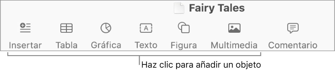 La barra de herramientas con botones para añadir tablas, gráficas, texto, figuras y contenidos.