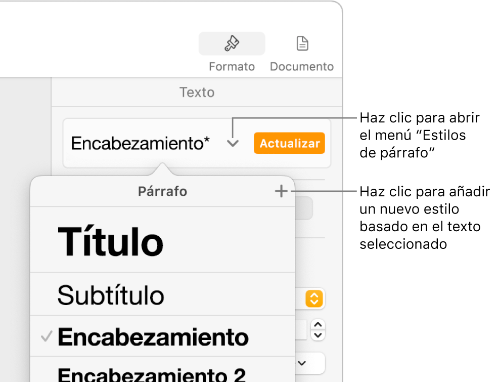 El menú “Estilos de párrafo”, con los controles para añadir o cambiar un estilo.