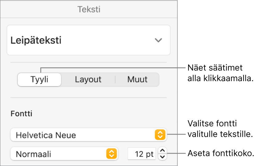 Muoto-sivupalkin Tyyli-osion tekstisäätimet fontin ja fonttikoon asettamiseen.