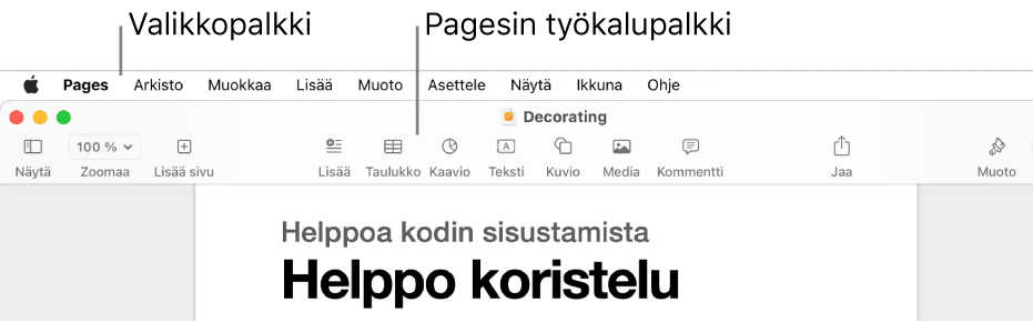 Näytön yläosassa on valikkorivi, jossa on Omena-, Pages-, Arkisto-, Muokkaa-, Lisää-, Muoto-, Järjestä-, Näytä-, Jako-, Ikkuna- ja Ohje-valikot. Valikkorivin alla on avoin Pages-dokumentti, jonka yläosassa on seuraavat työkalupalkin painikkeet: Näytä, Zoomaa, Lisää sivu, Lisää, Taulukko, Kaavio, Teksti, Kuvio, Media ja Kommentti.