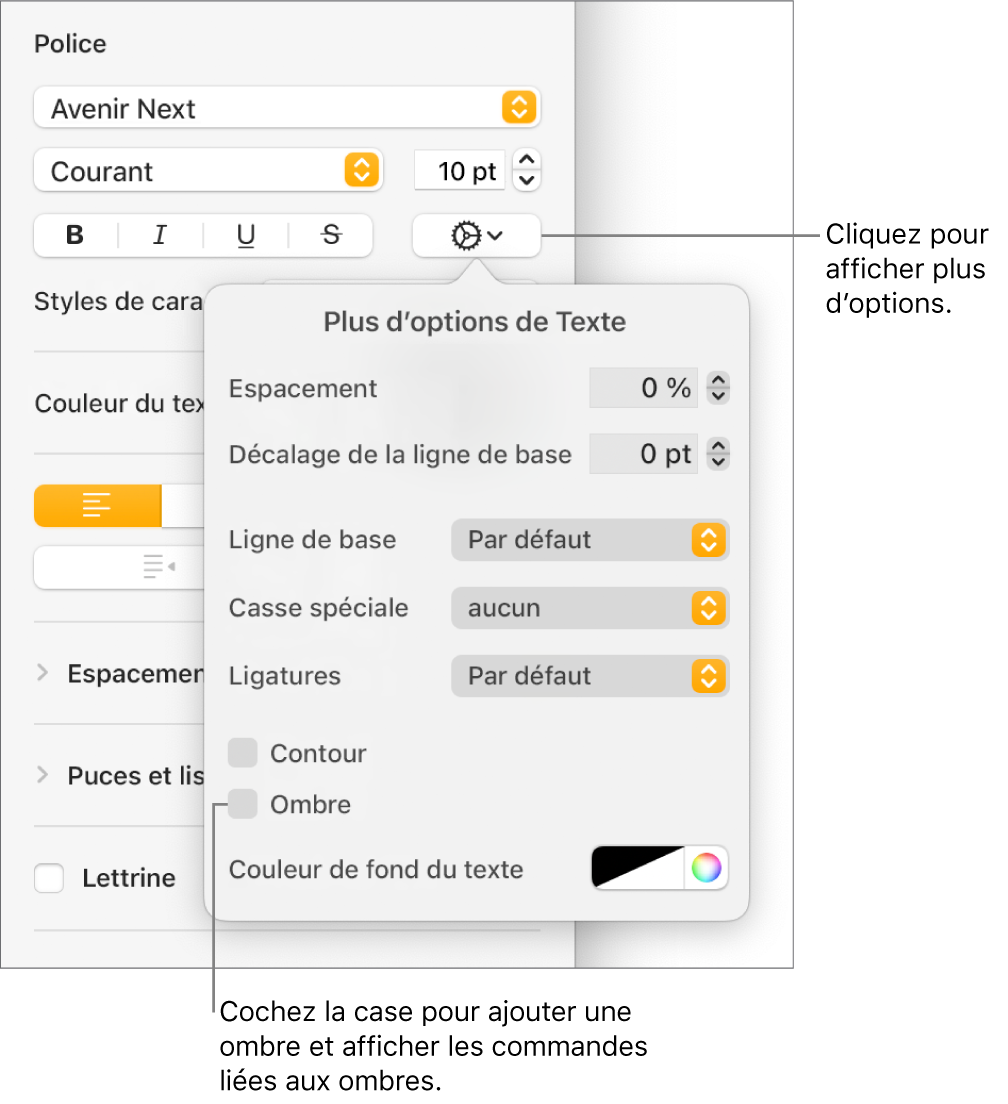 Le menu Options avancées avec la case Ombres cochée et les commandes pour définir le flou, le décalage, l’opacité, l’angle et la couleur.