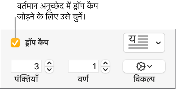 ड्रॉप कैप चेकबॉक्स चुना जाता है, और उसके दाईं ओर पॉप-अप मेनू दिखाई देता है; पंक्ति ऊँचाई, वर्णों की संख्या के नियंत्रण और अन्य विकल्प उसके नीचे दिखाई देते हैं।