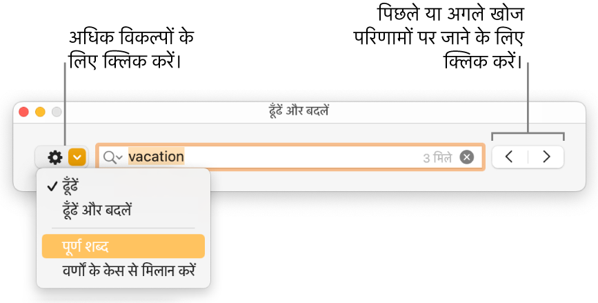 “ढूँढें और बदलें” विंडो जिसमें पॉप-अप मेनू “ढूँढें”, “ढूँढें और बदलें” “पूरे शब्द” और “मैच केस” के लिए विकल्प दिखा रहा है। दाईं ओर के तीर आपको अगले और पिछले खोज परिणाम पर जाने की सुविधा उपलब्ध कराता है।