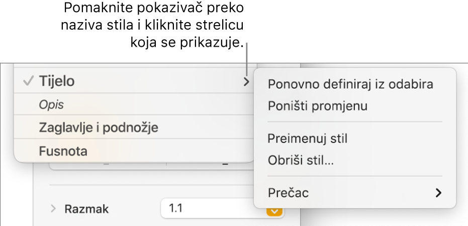 Izbornik stilova paragrafa s otvorenim izbornikom prečaca.