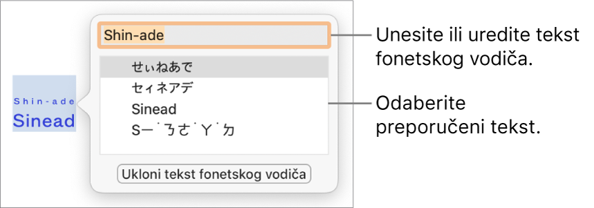 Fonetski vodič otvoren za riječ, s balončićima za polje teksta i predloženi tekst.